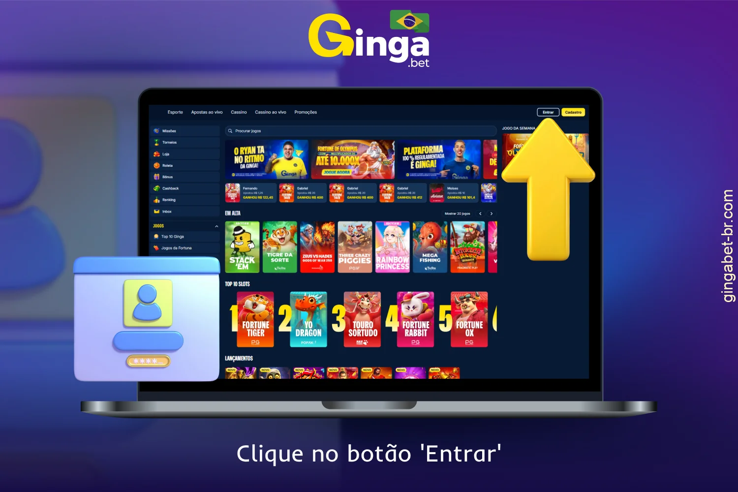 Clique no botão Entrar na parte superior do site GingaBet