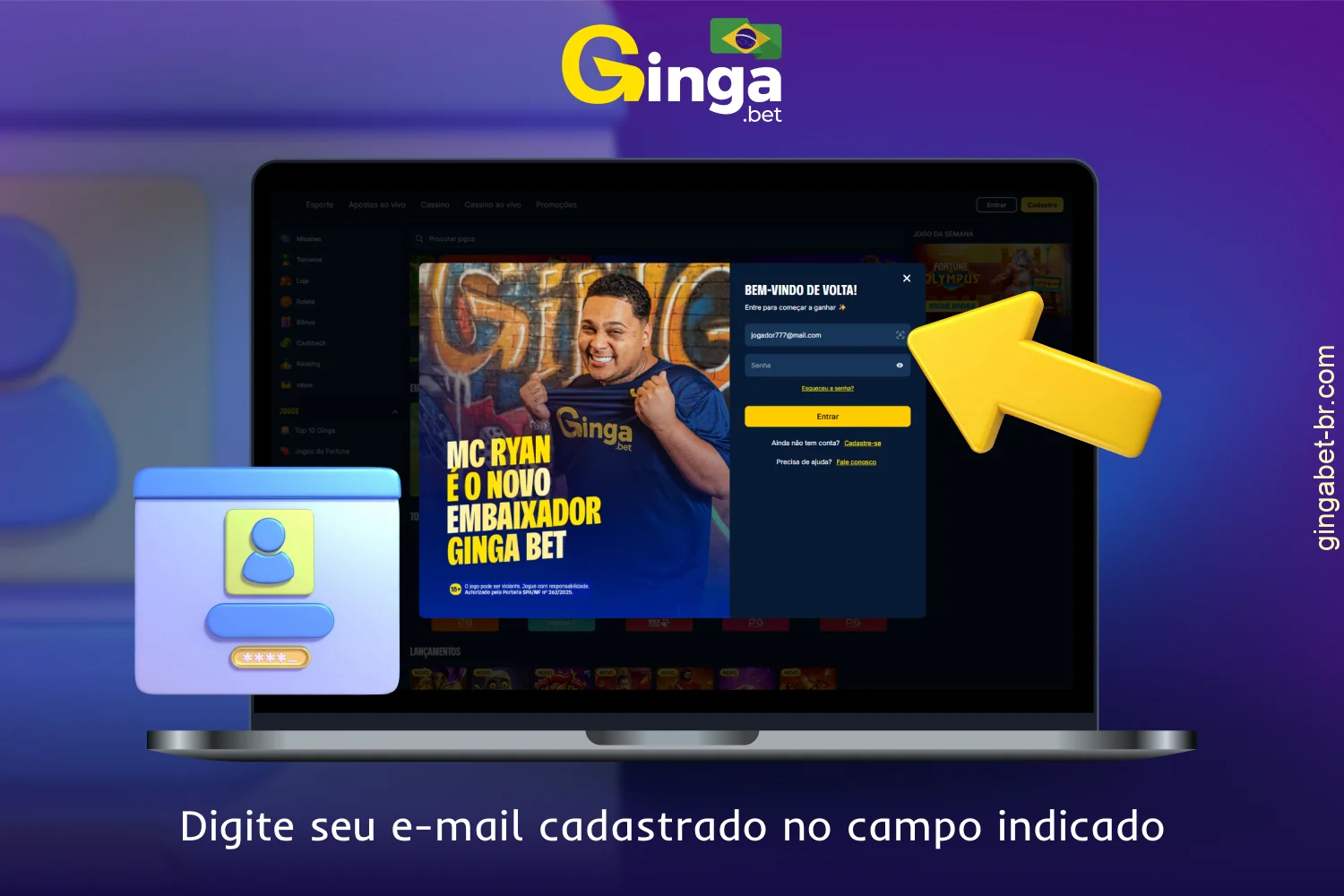 Insira os dados fornecidos durante o registro no GingaBet